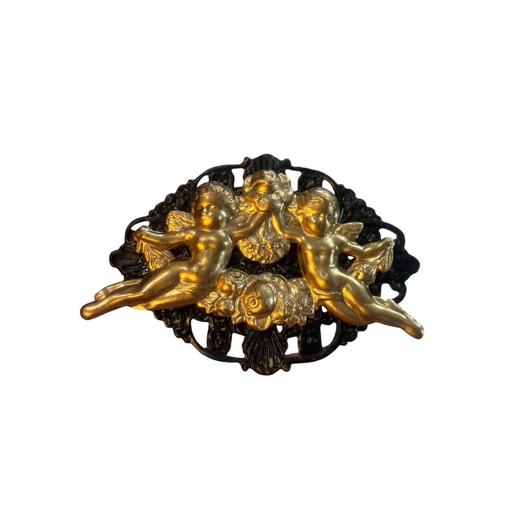 Vintage Cherub Brooch Gold Tone Putti Angel Victorian Revival Statement Artisan